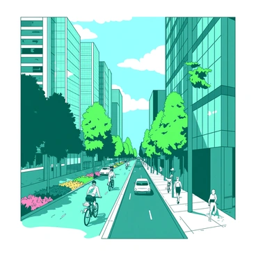 A teal cityscape features towering skyscrapers with reflective glass windows that reach towards a bright sky. Lush green trees are growing from the sides of the buildings, their branches intertwining with modern architecture. Below, busy streets are filled with pedestrians and cyclists navigating through this urban environment. Colorful flower beds are integrated into the sidewalk, adding a vibrant touch to the scene. The sunlight casts soft shadows, creating an inviting atmosphere where nature and urban life coexist harmoniously.