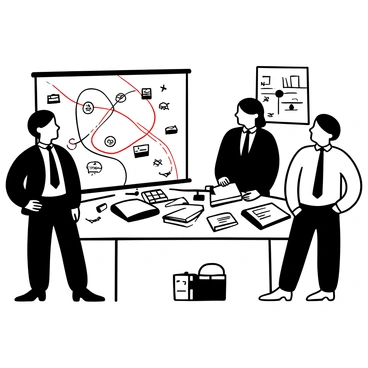 Two FBI agents in formal attire standing at a table covered with case files and photographs, deep in discussion. Local police officers wearing uniforms are present, examining the evidence laid out. A large map is pinned to the wall behind them, with various marked locations connected by red string. Notebooks and pens are scattered across the table, indicating ongoing planning and analysis. A whiteboard in the background displays notes and diagrams related to the case.
