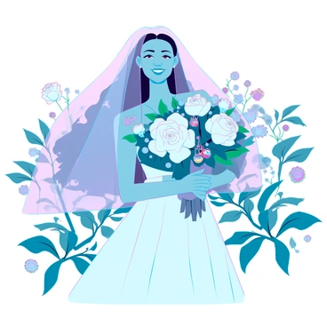 A beautiful bride with long, flowing hair and a delicate veil is holding a wedding bouquet adorned with various Pandora charms. The bouquet is lush, featuring white roses, peonies, and greenery. The charms are intricately placed among the flowers, each charm representing a different symbol of love and cherished memories. The bride is standing in a softly lit garden, showcasing a backdrop of blooming flowers and greenery. She has a joyful expression, reflecting the significance of the charms in her bouquet.
