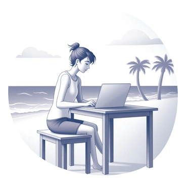 A person sitting at a wooden table, intently working on a laptop. The individual is dressed in casual beach attire, such as shorts and a tank top. Their hair is tousled by the ocean breeze. In the background, there is a sandy beach with gentle waves lapping against the shore. Palm trees can be seen swaying lightly in the wind, and a clear sky stretches above, punctuated by a few fluffy clouds. The scene conveys a relaxed yet focused atmosphere of a productive day by the sea.