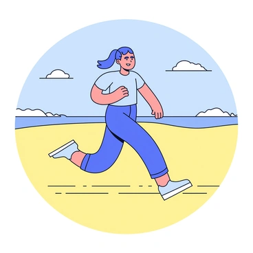 A runner wearing a light blue athletic outfit is jogging along a sandy beach. The soft, golden sand extends in both directions, with gentle waves lapping at the shore. The sky above is clear with a few fluffy white clouds. In the distance, there are small, distant hills that frame the beach scene. The runner has a focused expression and is moving energetically, with one foot lifted off the ground and arms bent at the elbows.