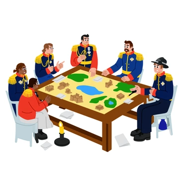 A group of six generals gathered around a large, rectangular wooden table. The table is covered with detailed maps that show various terrains and strategic points. In the center, there are miniature models of fortifications and troops. Each general is dressed in ornate military uniforms, featuring gold epaulettes and medals. They are engaged in intense discussion, with one general pointing at a specific area on the map. The atmosphere is focused, with a few scattered papers and a quill resting beside an inkpot on the table. A flickering candle provides warm light, casting soft shadows across their serious expressions.