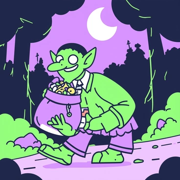 A sneaky goblin thief is tiptoeing across a dimly lit forest path. The goblin has a pointed nose and large ears, with a mischievous grin on its face. It is crouched low to the ground, dressed in tattered clothing. In its hands, the goblin clutches a bag overflowing with various treasures, including shiny coins, sparkling jewels, and trinkets. The forest is dense, with tall trees looming in the background. Moonlight filters through the leaves, casting dappled shadows on the ground, while the goblin's eyes gleam with excitement and mischief.