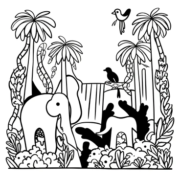 A dense jungle filled with tall, leafy trees and intricate vines twisting around their trunks. Various animals are present, including a large elephant standing majestically, a playful monkey swinging from a branch, and a colorful parrot perched above. Ferns and exotic flowers populate the ground, blending harmoniously with the surrounding foliage. In the background, a waterfall cascades over rocks, creating a sense of depth and movement in the scene. The entire composition is in line art form, emphasizing the details of each element.