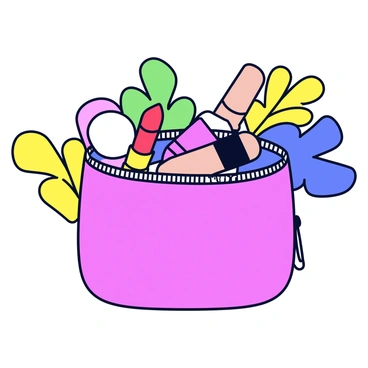An open makeup bag with a bright pink color. The bag has a zipper that is partially open, allowing beauty products to spill out. Various items such as a compact powder, lipsticks in red and nude shades, and a small bottle of nail polish are scattered around. In the background, there are vibrant brush strokes of yellow, blue, and green creating a colorful backdrop.