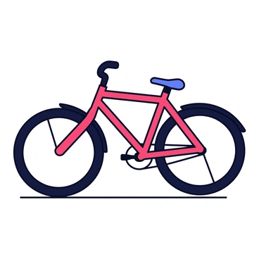 A bicycle is parked at an angle on a flat surface. The frame of the bicycle is tilted, forming an angle of 2 degrees with the ground. The two wheels are positioned at an angle of 5 degrees, creating a visual contrast with the frame. The bicycle features a bright red color with a glossy finish, and the tires are black with visible tread.