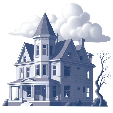 A tall Victorian house with ornate architectural details, featuring a steeply pitched roof and elaborate trim. The structure stands with broken windows, some shattered, allowing dark shadows to spill out into the surroundings. Ominous clouds swirl in the night sky above, casting shadows across the house and the ground. The scene includes twisted branches of nearby trees, silhouetted against the faint light. Rain can be seen falling in the background, adding to the eerie atmosphere of the stormy night.