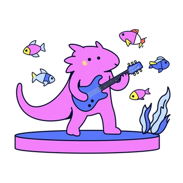 An axolotl with pink skin and feathery gills stands on a coral stage. The axolotl is holding a small electric guitar with a shiny blue finish. The guitar's strings are vibrantly colored, and the axolotl is positioned as if it is strumming the guitar. Surrounding the coral stage are vibrant fish swimming in the clear water, adding elements of movement and life to the scene.