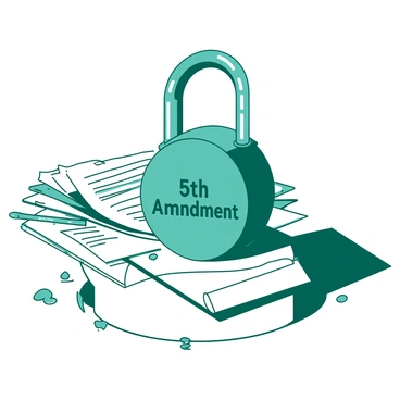 A teal padlock stands prominently on a white pedestal. The padlock features a clear engraving of the words "5th Amendment" on its front face, showcasing a bold font. Surrounding the padlock, there are various legal documents and books that represent law and justice, neatly arranged. A faint light casts a soft shadow of the padlock and documents on the pedestal, emphasizing the theme of protection under the law.
