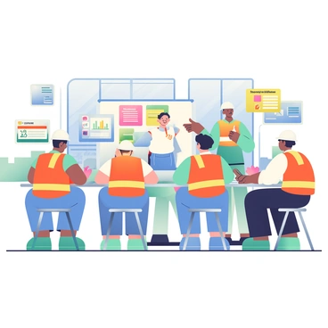 A group of five new employees is participating in a safety training session in a factory. Each employee wears a bright orange safety vest and a white hard hat. The room is filled with various safety posters on the walls, highlighting safety procedures and emergency contacts. A trainer, standing at the front, gestures towards a large screen displaying a safety presentation. The employees are seated at a long, metal table, taking notes on clipboards and engaging with one another. Industrial machinery can be seen through large windows in the background, emphasizing the factory setting.