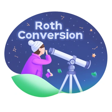 A person standing on a grassy hill, gazing intently through a large telescope. The night sky above is clear, filled with countless twinkling stars. The words "Roth Conversion" appear prominently among the stars, glowing softly in a shimmering silver font. The person is dressed in a cozy sweater and a beanie, their silhouette illuminated by the starlight. The telescope is sleek and modern, positioned firmly on a tripod, with a few scattered constellations visible in the sky around it.