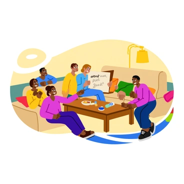 A cozy living room with warm-colored walls and a soft, plush carpet. The room features a large, comfortable sofa in a light beige tone, with colorful throw pillows scattered across it. In the center, a wooden coffee table is surrounded by friends, with some of them laughing and leaning over the table. One friend is drawing on a large sketchpad while others are eagerly guessing the word. There are small snacks and drinks on the table, adding to the cheerful atmosphere. A lamp with a soft yellow glow illuminates the scene, highlighting the expressions of enjoyment on everyone's faces.