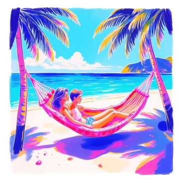 A couple is lying in a hammock that is gently swaying between two tall palm trees. The hammock is made of woven fabric, displaying a vibrant pattern. The couple consists of a man and a woman, both smiling and enjoying each other's company. They are dressed in light, casual summer clothing. Surrounding them are lush green palm fronds and a bright blue sky with a few fluffy white clouds. Soft, white sand is visible in the foreground, and the calm turquoise waters of the ocean can be seen in the background.