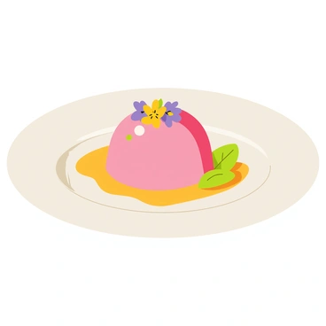 An elegant dessert plate with a glossy white surface. In the center, there is a smooth, dome-shaped lychee panna cotta, displaying a soft pink hue. The panna cotta is garnished with a colorful assortment of edible flowers, including violet and yellow petals, artistically arranged on top. Surrounding the panna cotta, there are delicate droplets of a sweet syrup, adding a glossy appearance to the plate. A small mint leaf is placed beside the panna cotta for an extra touch of freshness.