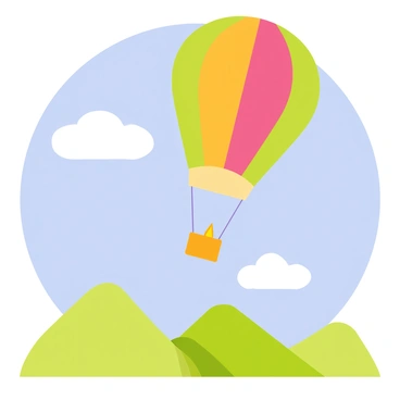 A colorful hot air balloon, featuring bright patterns, is rising into a clear blue sky. The balloon is partially inflated, with the flame from the burner visible at the bottom. Below, a range of green mountains stretches across the landscape, creating a scenic backdrop. A few fluffy white clouds float in the sky, adding depth to the scene. The sunlight casts gentle shadows on the mountain slopes, emphasizing their texture and contours.