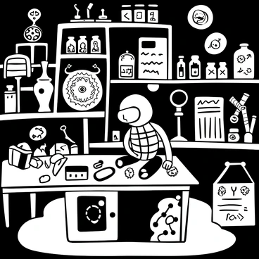 A dimly lit laboratory filled with various strange machines and apparatuses, including a large, intricate device with gears and pipes. There are glass jars containing curious specimens lined up on shelves. In the center of the room, a table holds a stitched-up creature, its body composed of various parts. Tools and instruments are scattered across the table beside the creature. Papers with detailed diagrams and equations are pinned to the walls, adding to the chaotic atmosphere of the lab.