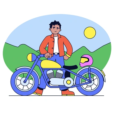 A man with a confident posture is standing beside his vintage motorcycle. The motorcycle features a shiny chrome frame and classic round headlights. The man is wearing a leather jacket and a helmet resting on the motorcycle seat. In the background, there are rolling green hills under a clear blue sky, providing a scenic view. The sun casts a warm light over the scene, enhancing the colors of the landscape.