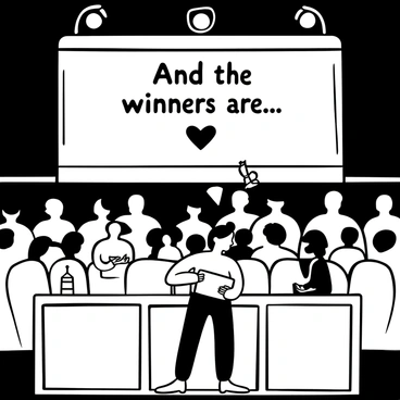 A presenter holding an envelope stands at a podium decorated with "V&A Illustration Awards" in bold lettering. Behind the presenter, there are rows of seats filled with an audience. Spotlights illuminate the stage, highlighting the presenter. A large screen displays the words "And the winners are..." in an engaging font. On the podium, there are decorative elements such as a small trophy and a microphone. The atmosphere conveys anticipation as the presenter prepares to announce the winners.