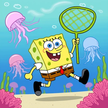 SpongeBob SquarePants, a yellow sea sponge with large blue eyes and a wide smile, is energetically running through Jellyfish Fields. He is wearing his classic white shirt, red tie, and brown square pants. In his hands, he holds a large, bright green net, ready to catch jellyfish. Surrounding him is a vibrant underwater landscape filled with colorful jellyfish floating gracefully through the water. The jellyfish are various shades of pink, purple, and blue, with translucent bodies and long, flowing tentacles. The background features swaying seaweed and bright coral, contributing to the lively atmosphere of the scene.