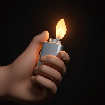 A close-up of a hand, with a medium skin tone, holding a metallic silver lighter. The fingers are gripping the lighter firmly, showing detailed skin textures. In the background, a small spark is igniting, glowing bright orange and yellow, contrasting against a darker backdrop. The light from the spark reflects slightly off the lighter's surface, adding a touch of shine. The focus is primarily on the hand and the lighter while the spark captures attention in the background.