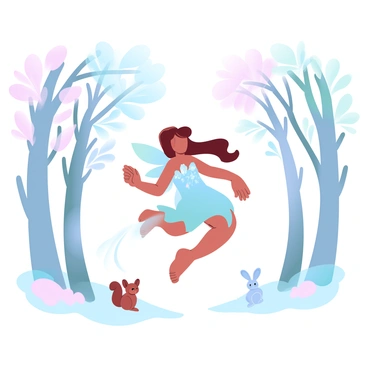 A small forest sprite with iridescent wings is dancing gracefully among tall trees. The sprite is adorned in a flowing garment made of leaves and flowers. In the background, the trees display vibrant hues representing different seasons, with some featuring blooming flowers, while others showcase colorful autumn leaves. Rays of sunlight filter through the branches, creating a magical atmosphere. Small woodland creatures, such as rabbits and squirrels, are watching the sprite's joyful dance from a distance.