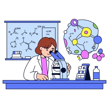 A scientist with short brown hair is wearing a white lab coat. The scientist is peering through a microscope with a focused expression. The microscope is on a lab table cluttered with various scientific equipment. Surrounding the microscope are vibrant lipid structures depicted in vivid colors, showing a variety of shapes and patterns. The background includes a chalkboard with chemical diagrams and notes related to lipid research.