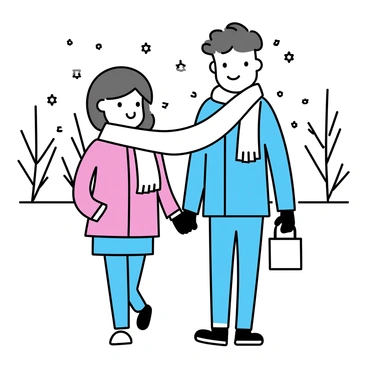 Two people walking together in a snowy park. They are sharing a single scarf, which is wrapped around both of their necks. The man has short brown hair and is wearing a blue coat and black gloves. The woman, with long dark hair, is dressed in a red jacket and wearing a matching pair of mittens. Snowflakes are gently falling around them, and the ground is covered with a thick layer of snow. In the background, there are leafless trees dusted with snow.