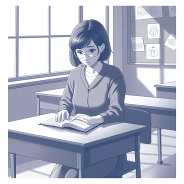 A young woman resembling Simone Veil is seated at a wooden desk in a school classroom. She has dark hair styled in a simple manner, and she is focused on a book held in her hands. The classroom features wooden desks and a chalkboard at the front, with educational posters on the walls. Sunlight streams through a window, casting shadows on the floor. She is dressed in a modest outfit suitable for a student, appearing engaged in her reading in a quiet and studious environment.