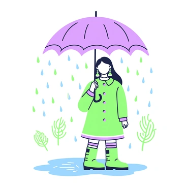 A girl with jhumkas is standing under a large umbrella on a rainy day. She has long hair that falls gently over her shoulders. The umbrella is slightly tilted, providing her with shelter from the falling rain. Raindrops are visible as they splash against the ground around her. She is wearing a colorful raincoat and rubber boots. Puddles form at her feet, reflecting the colors of her outfit and the surroundings, while gentle waves ripple across the surface. In the background, faint outlines of trees sway in the breeze.