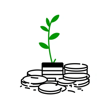 A small green plant is emerging from a pile of shiny coins, with leaves unfurling upward. The coins are of various sizes, some stacked neatly while others are scattered, creating a textured surface. The plant has delicate foliage, and the soil is subtly visible, clinging to the base of the plant. The entire composition conveys a sense of growth and prosperity, capturing the essence of savings nurturing new life.