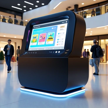 A high-tech kiosk situated in a modern mall, featuring a sleek, futuristic design with a glossy black exterior. The kiosk has a large touchscreen interface displaying vibrant graphics showcasing various products. Surrounding the screen, there are interactive elements such as buttons and sliders that invite user engagement. The kiosk is illuminated with subtle LED lighting, enhancing its high-tech appearance. In the background, shoppers can be seen walking by, glancing curiously at the kiosk and its innovative features.
