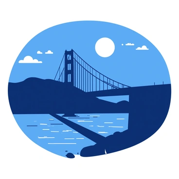 The "Golden Gate Bridge" is silhouetted against a night sky illuminated by the light of a "full moon." The bridge's "towers" rise majestically, casting shadows on the water below. A "gentle breeze" causes subtle ripples on the surface of the water, reflecting the moonlight in shimmering patterns. The surrounding landscape features "dark hills" and a few scattered "clouds" that partially obscure the moon's glow, adding depth to the scene.