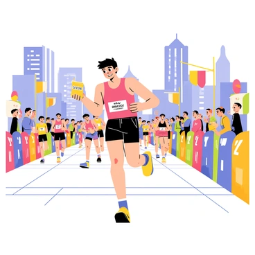 A runner with a determined expression is reaching for an "energy gel packet" while sprinting through a busy city street. The runner is wearing a bright red tank top and black shorts, with sweat visible on their forehead. In the background, tall buildings create an urban skyline, and a crowd of spectators can be seen cheering along the sidelines. Colorful banners and balloons add a festive atmosphere to the marathon event. Various runners of different styles and colors are competing alongside, creating a dynamic and energetic scene. The ground is lined with colorful mile markers and water stands, enhancing the marathon setting.