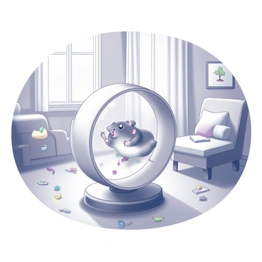 A hamster is energetically running inside a transparent exercise wheel. The wheel is positioned in a cozy room filled with warm, inviting details. The hamster has a joyful expression as it appears to be dancing to music. There are small, colorful items scattered around the floor and a plush bed in the corner. A soft blanket is draped over a nearby chair, adding to the comfortable atmosphere. The walls are adorned with small pictures, and a gentle light filters in from a window, enhancing the homely feel of the scene.
