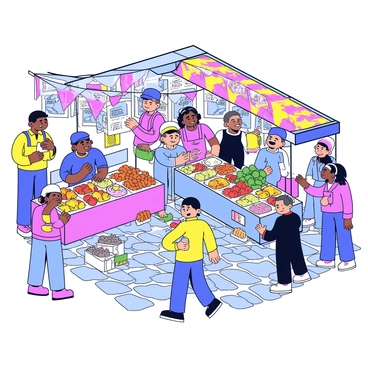 A bustling marketplace filled with colorful stalls and vendors. Each stall boasts a variety of fresh fruits, vegetables, and handmade goods. Groups of vendors gather around, animatedly exchanging news and gossip. Some vendors have friendly expressions, while others gesticulate as they share stories. The scene is lively, with shoppers browsing and interacting, creating a vibrant atmosphere. Bright banners and signs hang above the stalls, adding to the lively ambiance. The ground is paved with cobblestones, enhancing the market's charm.