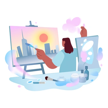 An artist is standing in front of a large canvas, engaged in painting a "vibrant sunset" that casts warm hues over a "bustling city skyline." The skyline features a variety of skyscrapers, each reflecting the colors of the sunset. The artist holds a paintbrush, with splashes of color on their palette. Surrounding them are art supplies, including tubes of paint and brushes scattered on a nearby table. The sky is filled with gradient pastel colors, transitioning from deep orange to soft pink, illuminating the scene.