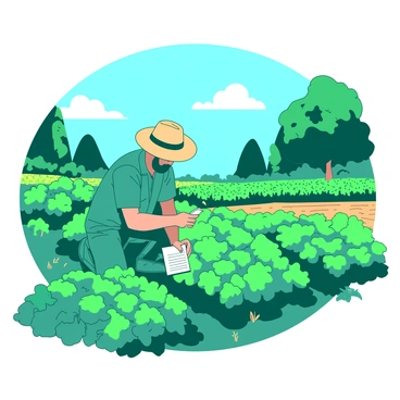 A teal farmer wearing a straw hat is kneeling down in a lush green field inspecting rows of vibrant crops. Sunlight is casting a warm glow over the field, highlighting the healthy green leaves and golden grains. In the farmer's hand is a small white notebook where he notes down observations. In the background, there are large trees and a bright blue sky dotted with a few fluffy white clouds, symbolizing the promise of a fruitful harvest tomorrow.