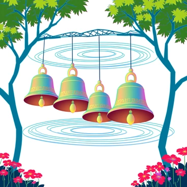 A series of ornate bells in various sizes, each crafted from polished brass and adorned with intricate engravings. The bells hang from a delicate, woven structure suspended between two elegantly curved trees, their branches lush with vibrant green leaves. The garden is filled with colorful flowers in full bloom, including reds, yellows, and purples, creating a lively atmosphere. Surrounding the bells, rippling sound vibrations are depicted as concentric circles radiating outward in the air, shimmering gently in the light. The sunlight streams through the tree branches, casting playful shadows on the ground.