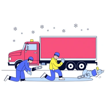 A transport truck with a bright red cab is parked on a snowy road. Two mechanics are kneeling beside the truck, focused on fitting snow chains onto the rear tires. The first mechanic wears a blue jacket and gloves, using a wrench to secure the chains tightly. The second mechanic, dressed in a yellow jacket, is inspecting the chains for proper placement, holding a flashlight to check the fittings. Snowflakes are gently falling around them, and the ground is covered in a thick layer of white snow, creating a winter scene. The truck's headlights cast a soft glow on the snow, illuminating the work area.