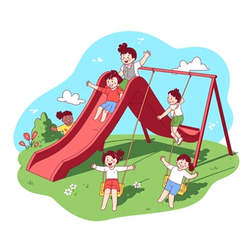 A bright scene featuring children playing joyfully on colorful slides and swings in a sunny outdoor playground. There are several children of different ethnicities, some climbing up the steps of a tall red slide, while others slide down with big smiles. A pair of kids are swinging back and forth on yellow swings, their feet reaching towards the sky. The playground is surrounded by green grass and a few blooming flowers. In the background, a clear blue sky adds to the cheerful atmosphere.