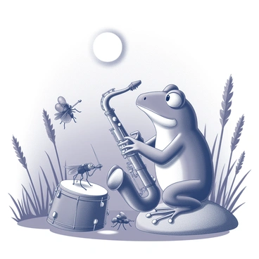 A frog sits on a small rock, holding a saxophone with its webbed hands. The frog has a large, expressive face and is focused on playing the instrument. Surrounding the frog, a band of insects is playing various instruments; a grasshopper is on the drums, a ladybug is strumming a guitar, and a dragonfly is playing a flute. In the background, the moon is shining brightly in the night sky, casting soft light over the scene. The setting is tranquil, with tall grasses swaying gently in the breeze. The insects are arranged in a semi-circle around the frog, creating a lively atmosphere.