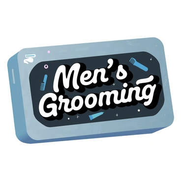 A packaging design featuring a rectangular box with a textured surface that resembles weathered steel. The box has bold, clear lettering that reads "Men's Grooming" in a strong font, with an accent color that contrasts against the dark background. The edges of the box are slightly worn, giving it a rugged appearance. Additional elements include small icons representing grooming tools, such as a razor and comb, integrated into the design. The overall look is complemented by a matte finish, enhancing the industrial feel of the product.