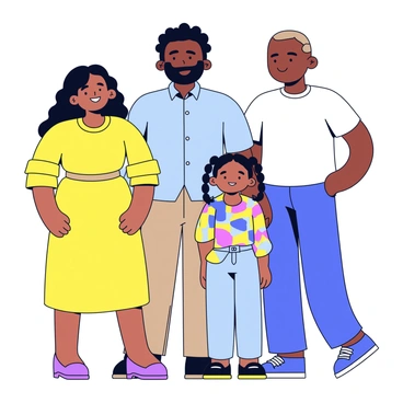 A family portrait featuring members of various ethnicities standing together. On the left, there is a woman with long black hair, wearing a bright yellow dress. Next to her, a man with short curly hair is dressed in a light blue button-up shirt and khaki pants. In the center, a girl with braided hair is wearing a colorful patterned blouse and jeans. On the right, a man with shaved head is wearing a white t-shirt and dark blue jeans. The background is a simple muted color, allowing the family to stand out prominently.