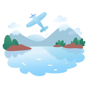 A seaplane is ascending from the surface of a tranquil lake. The lake reflects the clear blue sky and is surrounded by majestic mountains with varying shades of green and brown. The mountains are adorned with patches of trees and rocky outcrops. Light ripples in the water indicate the plane’s motion as it gains altitude. Soft pastel colors create a serene atmosphere, enhancing the peaceful scenery. The scene captures the moment of takeoff, showcasing the dynamic movement of the seaplane against the calm backdrop of nature.