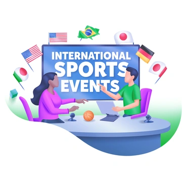 A modern pastel illustration of a sports news desk featuring two anchors seated in front of an oversized screen displaying the words "International Sports Events" in bold letters. The anchors are engaged in conversation, with one holding a tablet and the other pointing towards the screen. Behind them, an array of flags from different countries, including the United States, Brazil, Japan, and Germany, are displayed prominently. The desk is equipped with microphones and has sports memorabilia, such as a soccer ball and a basketball, placed on it.