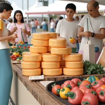 A market stall filled with wheels of "raclette cheese" stacked neatly on a rustic wooden table. The cheese wheels have a glossy, yellow-brown rind that glimmers under the light. Surrounding the stall are vibrant displays of fresh herbs, colorful peppers, and ripe tomatoes. People are gathered around, some holding shopping bags and discussing the cheese while others are sampling small pieces on wooden toothpicks. The atmosphere is lively, with a backdrop of market tents and other food vendors in the distance.