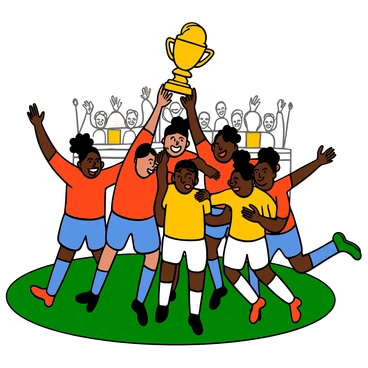 A soccer team with diverse players celebrating on a grassy field. The team members have various skin tones and hairstyles, wearing bright jerseys in different colors. They are gathered around a large golden cup trophy, lifting it high above their heads with joyful expressions. Some players are jumping while others are embracing each other in celebration. The background features a cheering crowd in the stands, adding to the festive atmosphere.