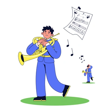 A tuba player in a marching band is standing on a grassy field wearing a blue uniform with gold trim. The player is holding a shiny brass tuba, and their expression shows surprise as a gust of wind blows their sheet music away. The sheet music, white with black notes, is caught mid-air, fluttering away in the breeze. In the background, other band members in similar uniforms can be seen, and a few musical notes are depicted floating around to emphasize the musical theme.