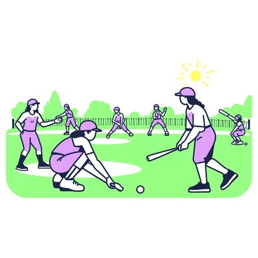 A team of girls is playing an intense game of baseball on a field. The girls are wearing matching uniforms, with baseball caps and cleats. Some girls are in the outfield, focused and ready, while others are gathered around the infield. One girl is at bat, holding a bat tightly and preparing to swing. Another girl, wearing a catcher's mask, is crouched behind home plate. The sun shines brightly in the sky, casting clear shadows on the grass. In the background, there are trees lining the edges of the field, and a few spectators are watching from the sidelines.