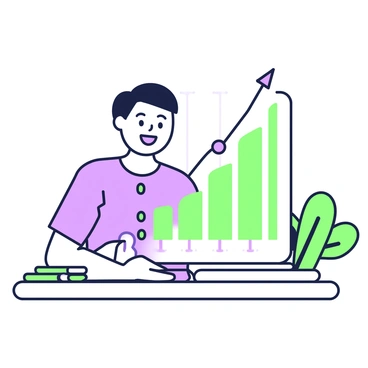 A laptop is open on a desk, displaying a line graph that indicates upward financial growth. The graph features a line that steadily rises, with clear grid lines, axes, and markers indicating various points of interest. Seated in front of the laptop is a person with short hair, wearing a casual shirt. Their facial expression reflects excitement, with wide eyes and a smile. The room around them includes a notepad and a green plant on the desk, contributing to the focused atmosphere.